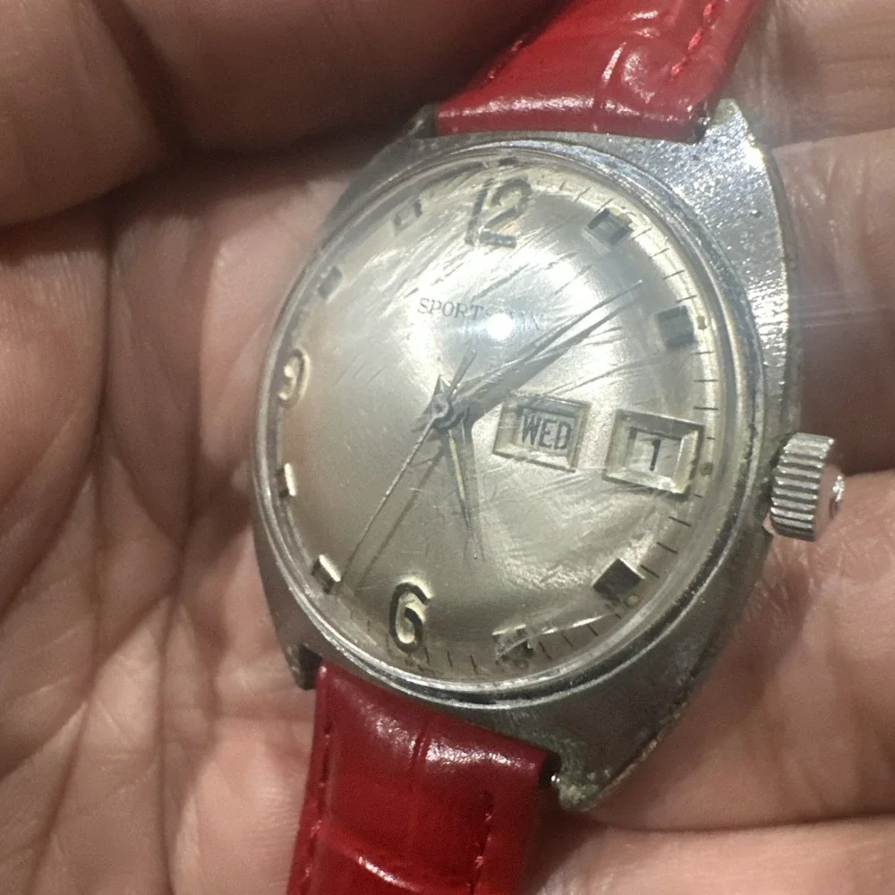 Working Vintage Sportsman Mens‎ Day Date Red Mechanical Watch Germany 34mm Fit 8